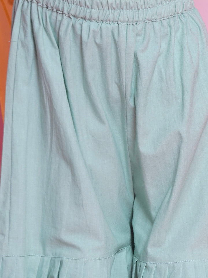 Girls Chanderi Semi-Silk Sleeveless Floral Embrodiery Kurta Frock with Sharara and Dupatta - Dolphin Green | SHOBITAM