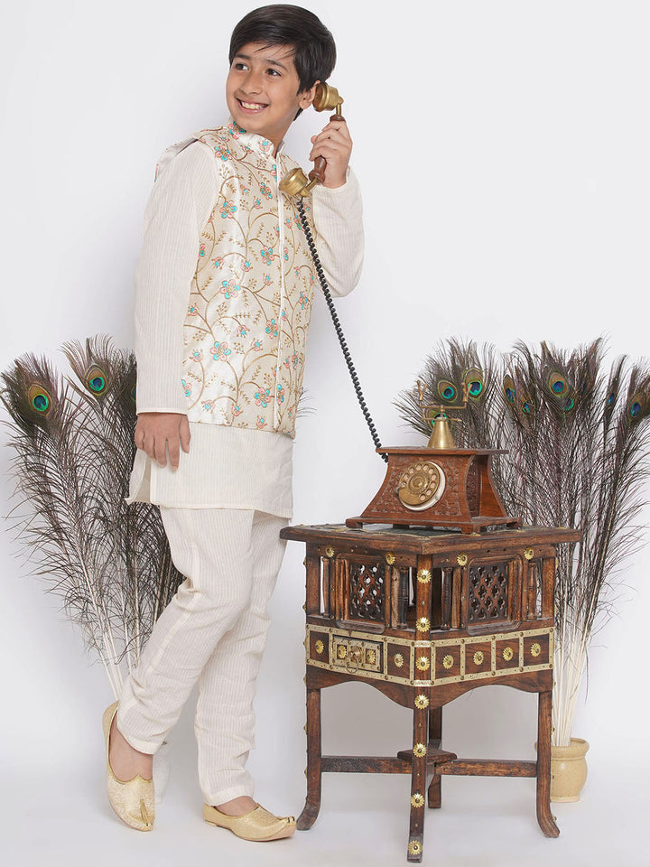 Silk Blue Floral Embroidery Jacket with Cotton Kantha kurta and Kantha Pyjama | SHOBITAM