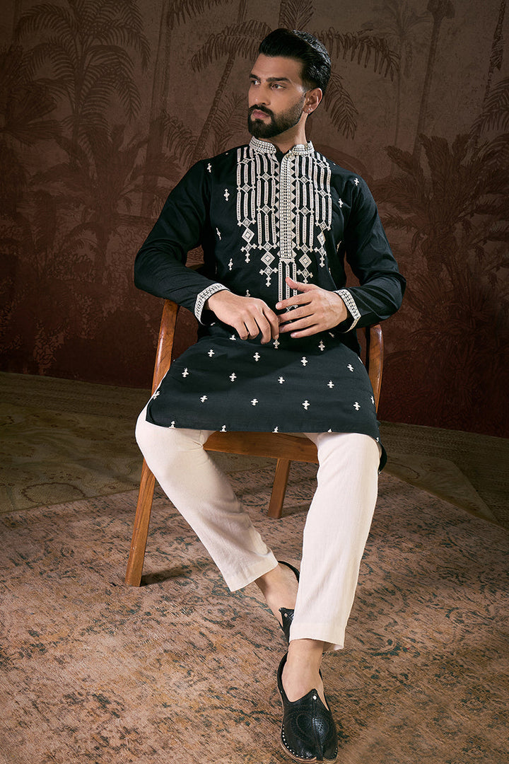 Black Silk Blend Solid Embroidered Straight Kurta With Trouser | SHOBITAM