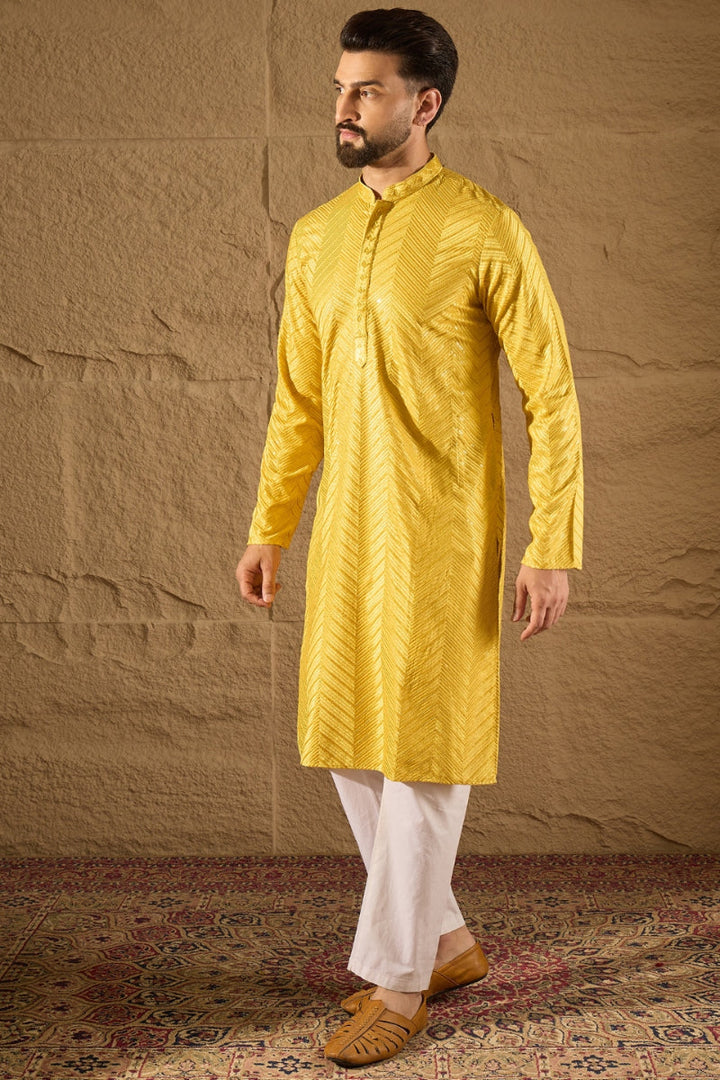 Yellow Viscose Rayon Solid Embroidered Straight Kurta | SHOBITAM