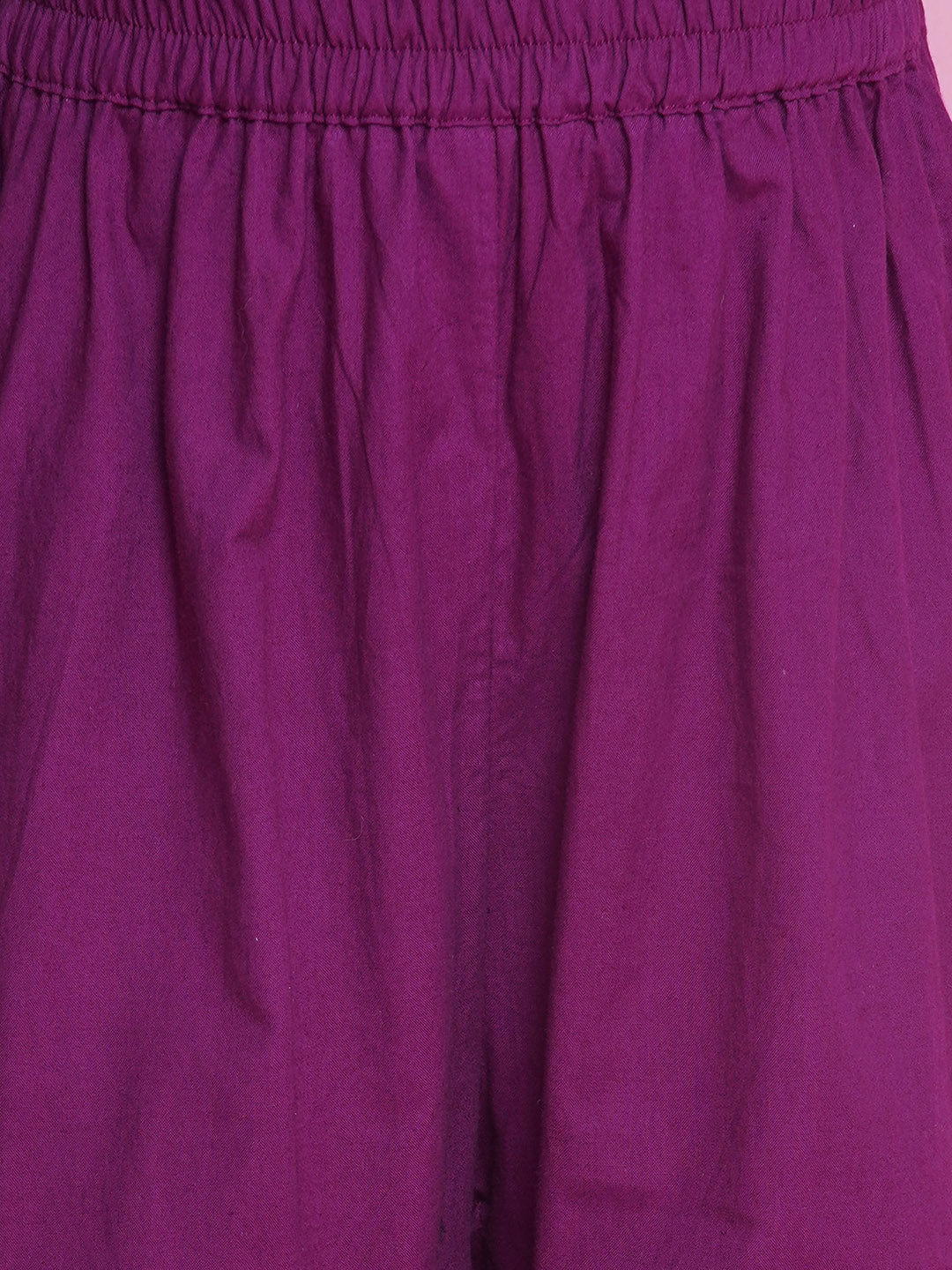 Girls Chanderi Semi- Silk Sleeveless Floral Embrodiery Kurta Frock with Sharara and Dupatta -Rayon Purple | SHOBITAM