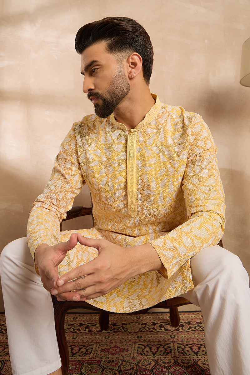 Yellow Viscose Rayon Solid Printed Straight Kurta With Trouser | SHOBITAM