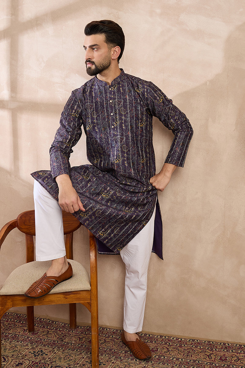 Violet Silk Blend Ethnic Motifs Printed Straight Kurta With Trouser | SHOBITAM
