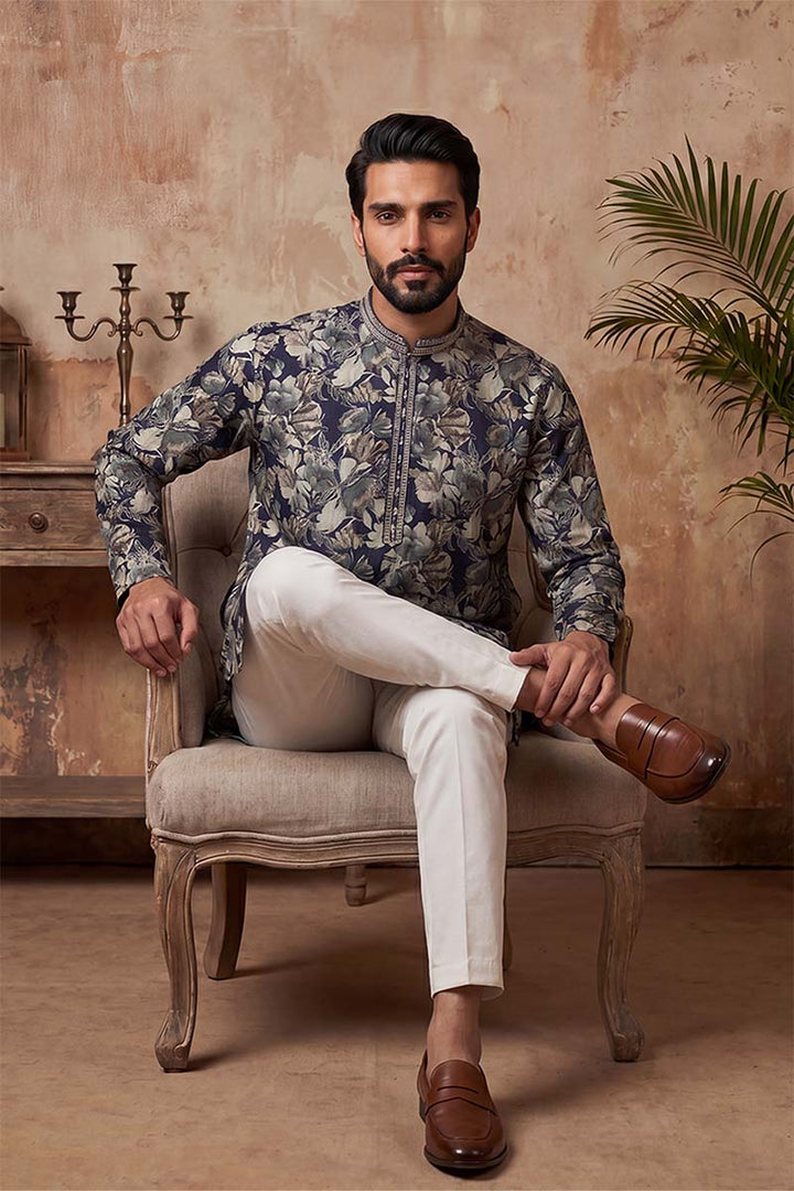 Mens Blue Viscose Rayon Floral Printed Kurta With Trousers | SHOBITAM