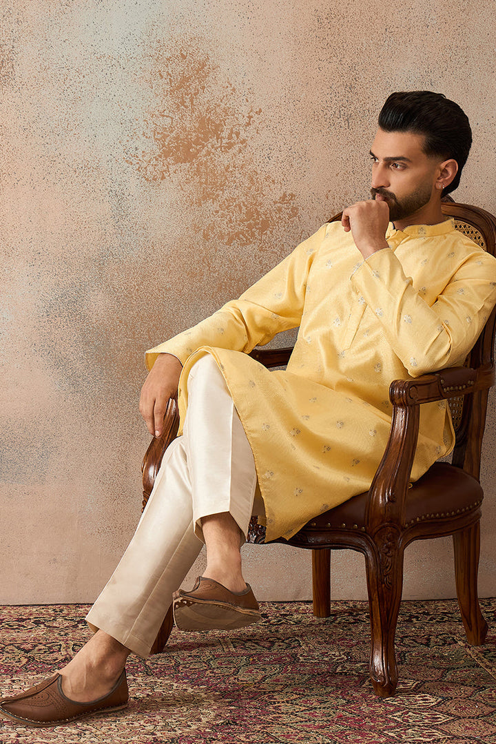 Mens Yellow Silk Blend Floral Straight Kurta With Trouser | SHOBITAM