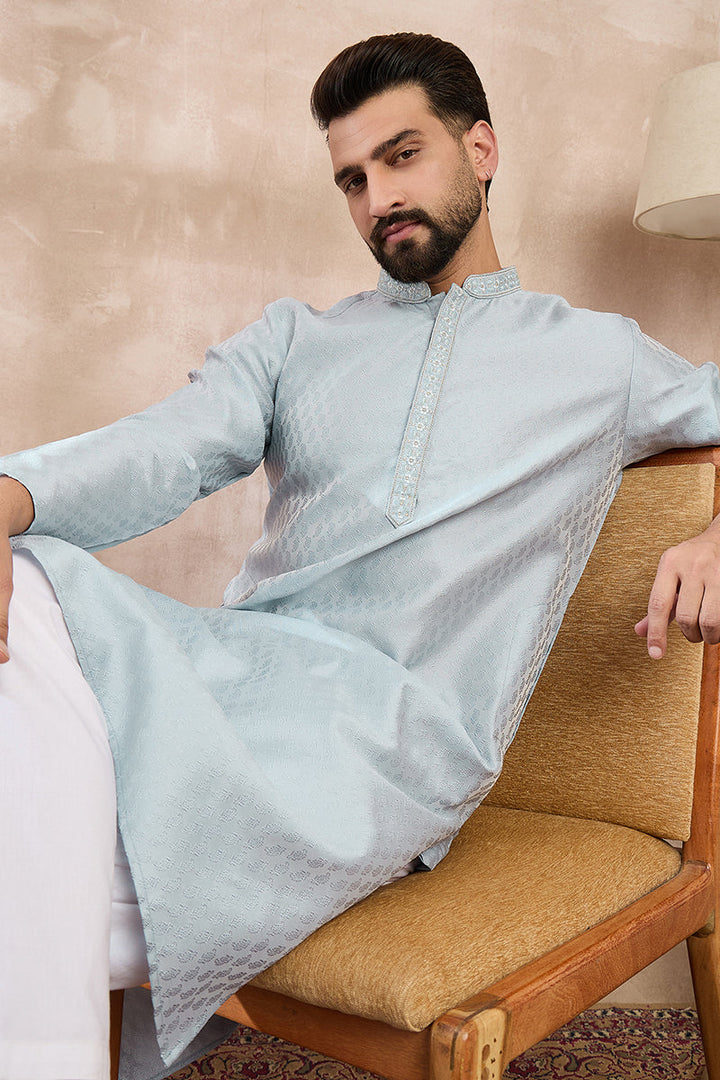 Blue Silk Blend Solid Woven Design Straight Kurta For Men | SHOBITAM