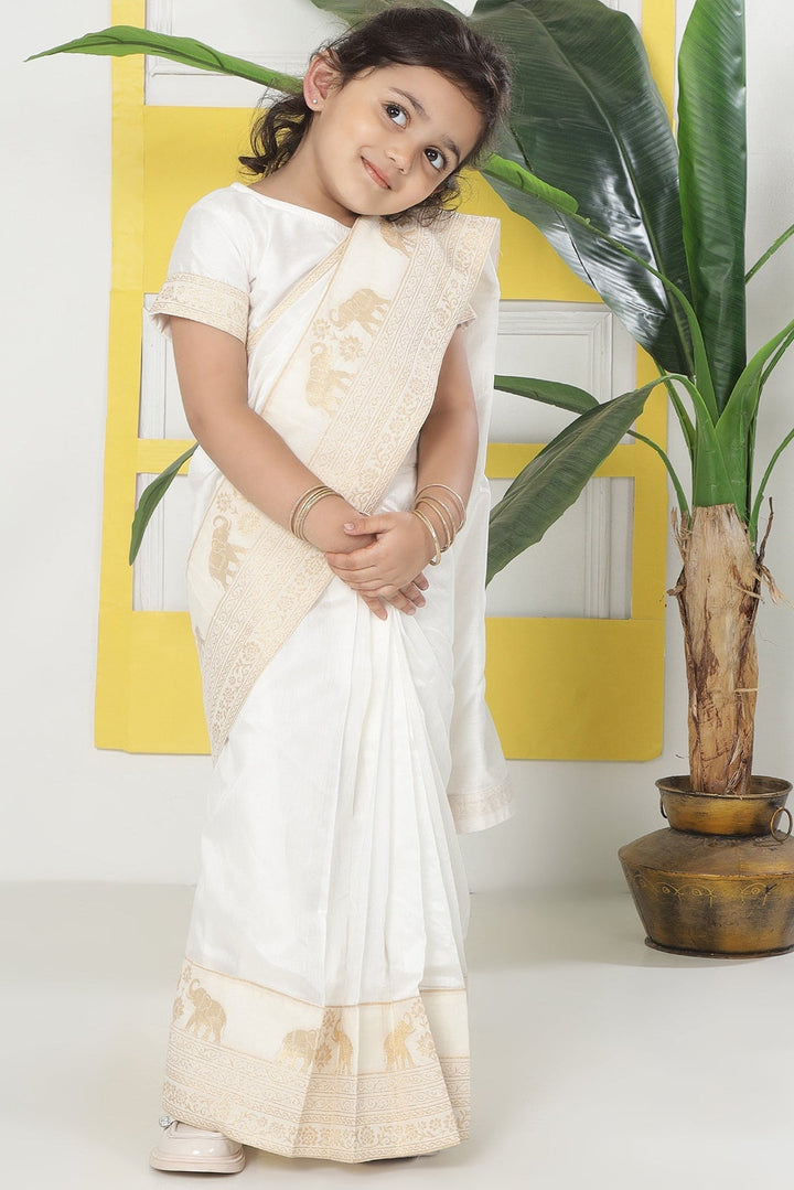 Cream Elephant Zari Embroidery Ready to Wear Saree with Stitched Blouse set | SHOBITAM