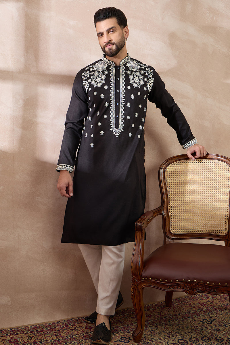 Black Silk Blend Embroidered Mandarin Collar Straight Kurta For Men | SHOBITAM