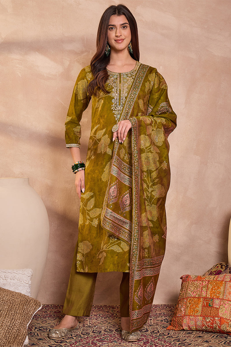 Green Silk Blend Floral Printed Straight Kurta Trouser With Dupatta | SHOBITAM