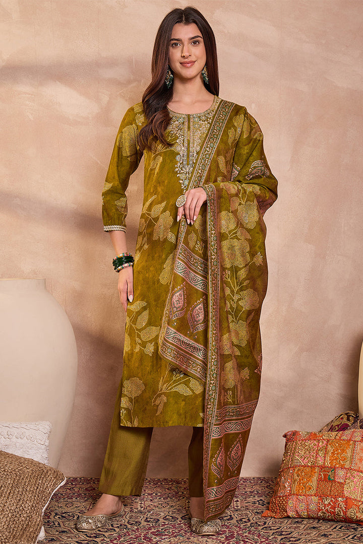 Green Silk Blend Floral Printed Straight Kurta Trouser With Dupatta | SHOBITAM