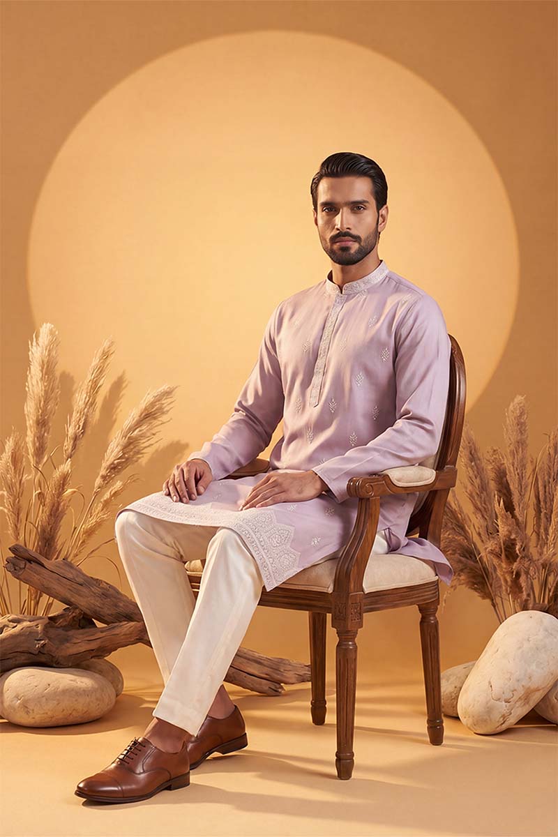 Mens Lavender Silk Blend Solid Embroidered Kurta With Trousers | SHOBITAM
