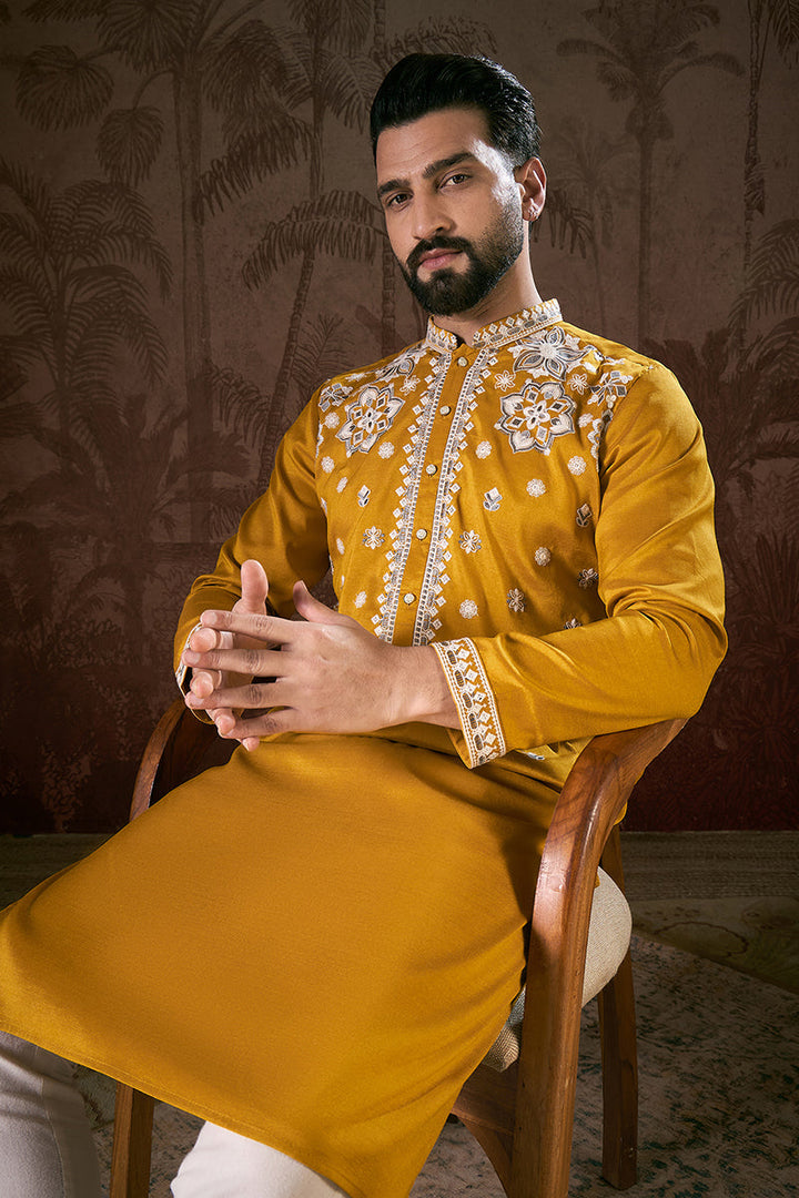 Mustard Silk Blend Solid Embroidered Straight Kurta | SHOBITAM