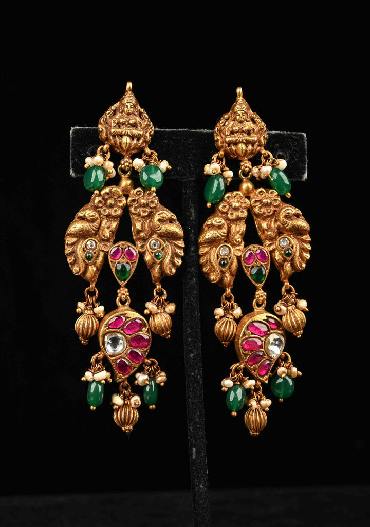 92.5 Pure Silver, Gold Plated Antique Jadau  Deep Nagas Earrings