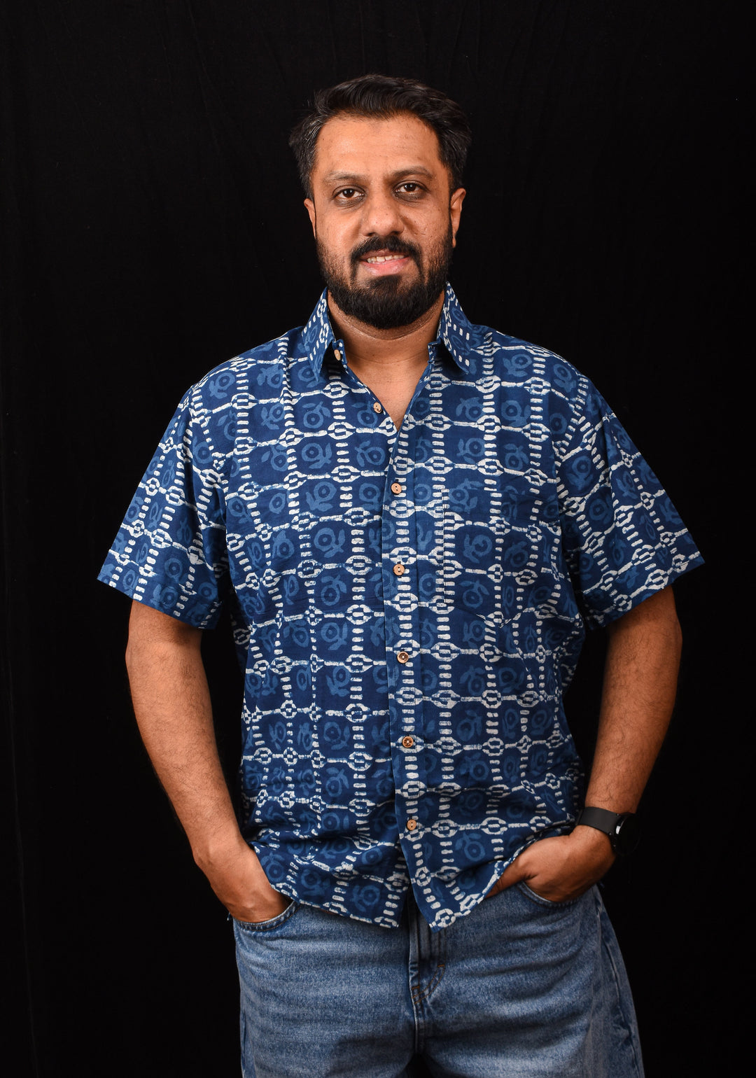 Blue White Handblock Printed Cotton Mens Shirt