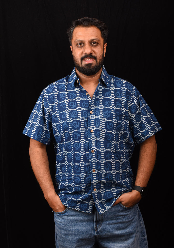 Blue White Handblock Printed Cotton Mens Shirt