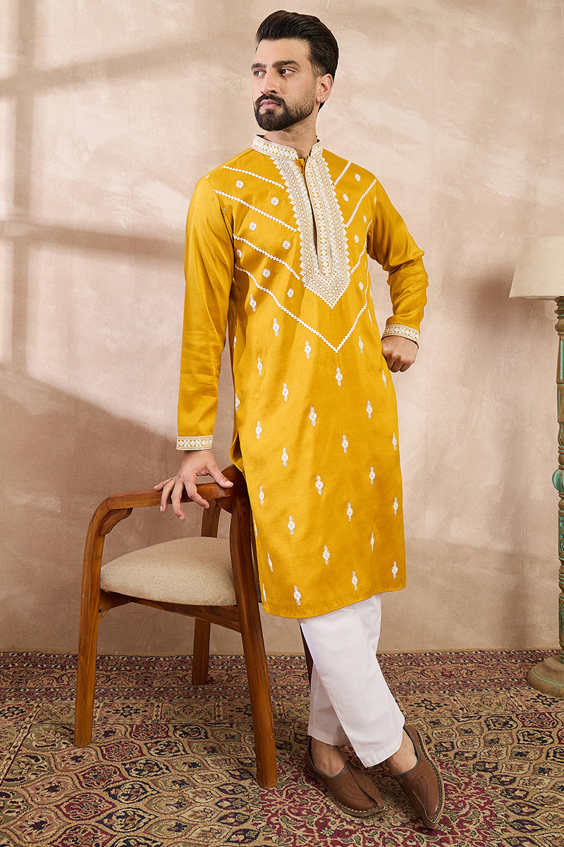 Yellow Silk Blend Ethnic Motifs Embroidered Straight Kurta | SHOBITAM
