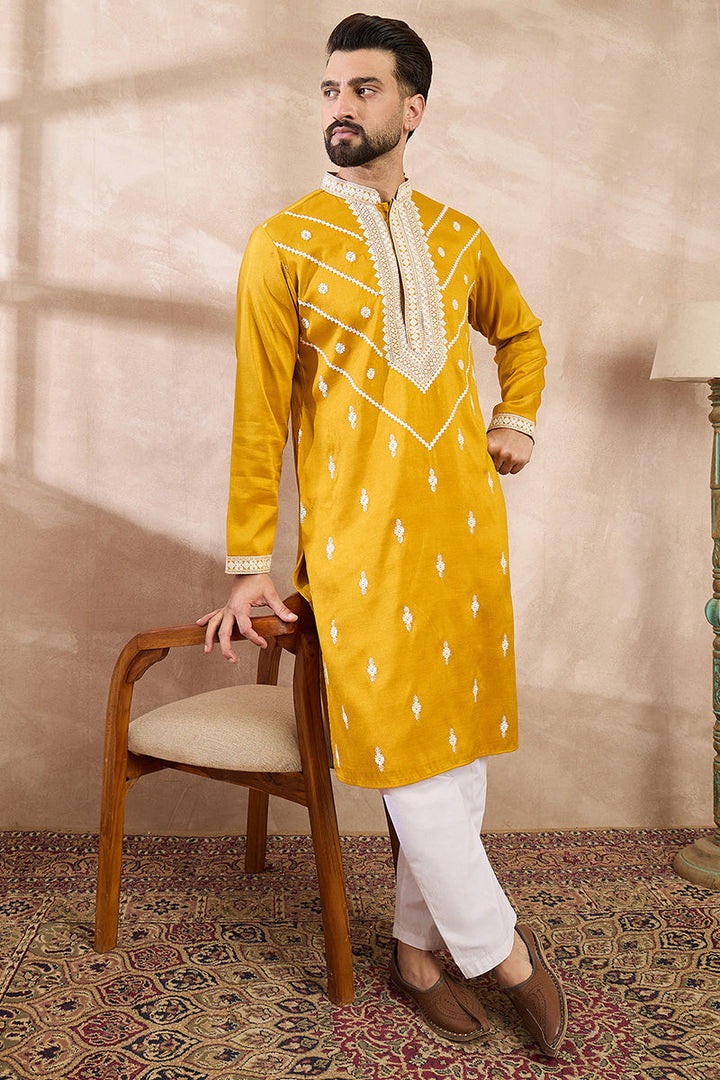 Yellow Silk Blend Ethnic Motifs Embroidered Straight Kurta | SHOBITAM