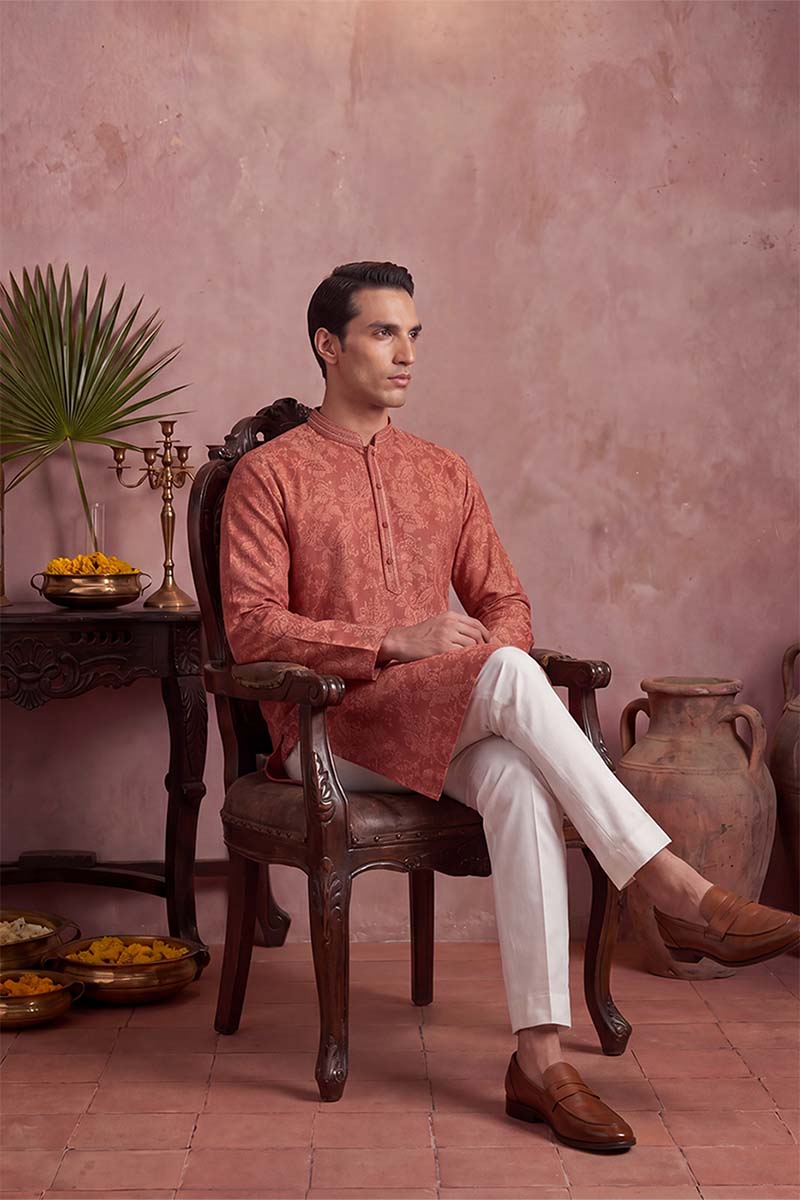 Mens Red Silk Blend Floral Printed Kurta With Trousers | SHOBITAM