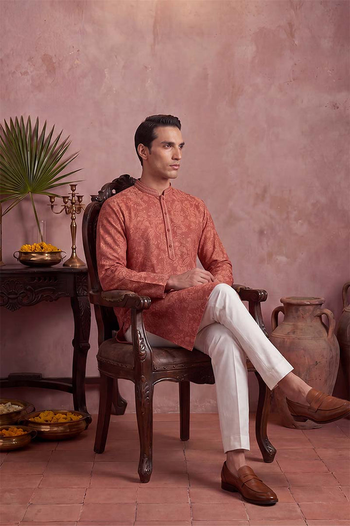 Mens Red Silk Blend Floral Printed Kurta With Trousers | SHOBITAM
