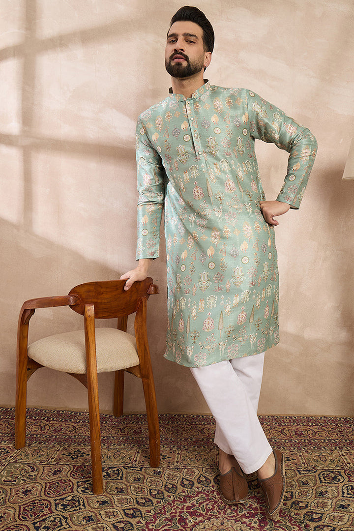 Green Silk Blend Floral Printed Straight Kurta For Men | SHOBITAM