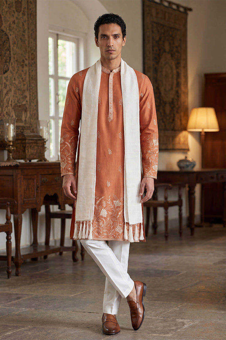 Men Peach Vartican Solid Embroidered Straight Kurta Sets  | SHOBITAM