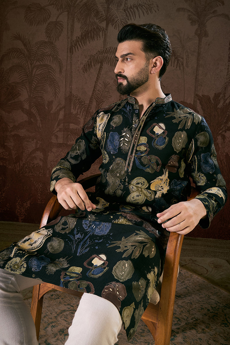 Black Silk Blend Floral Printed Straight Kurta For Men | SHOBITAM