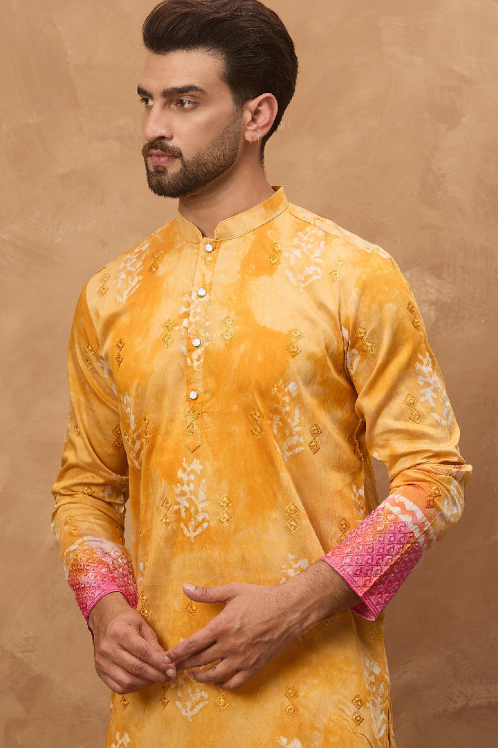 Yellow Silk Blend Batik Embroidered Straight Kurta  | SHOBITAM