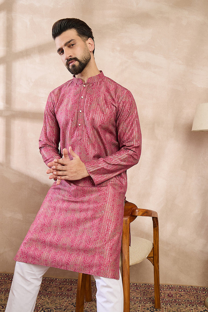 Pink Silk Blend Floral Printed Straight Kurta | SHOBITAM