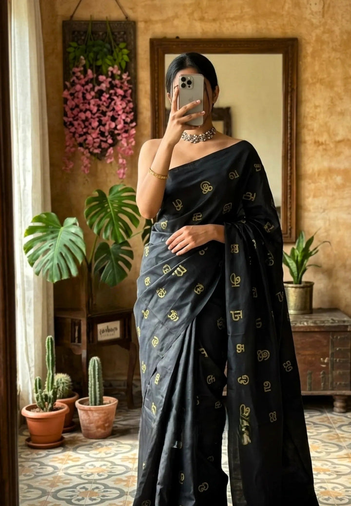Preorder: Black Saree with  Tamizh Letters Handblock Printed on Bamboo Cotton  | SHOBITAM