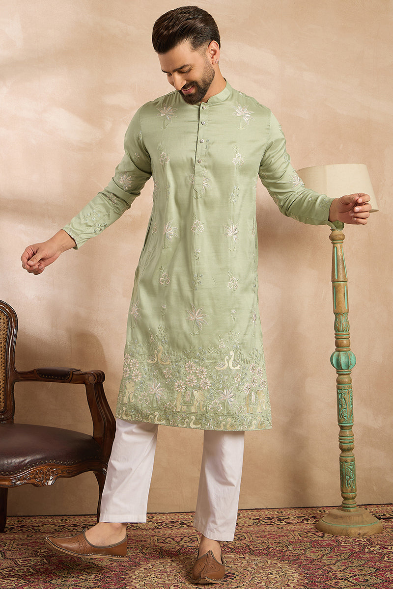 Olive Silk Blend Solid Embroidered Straight Kurta With Trouser | SHOBITAM