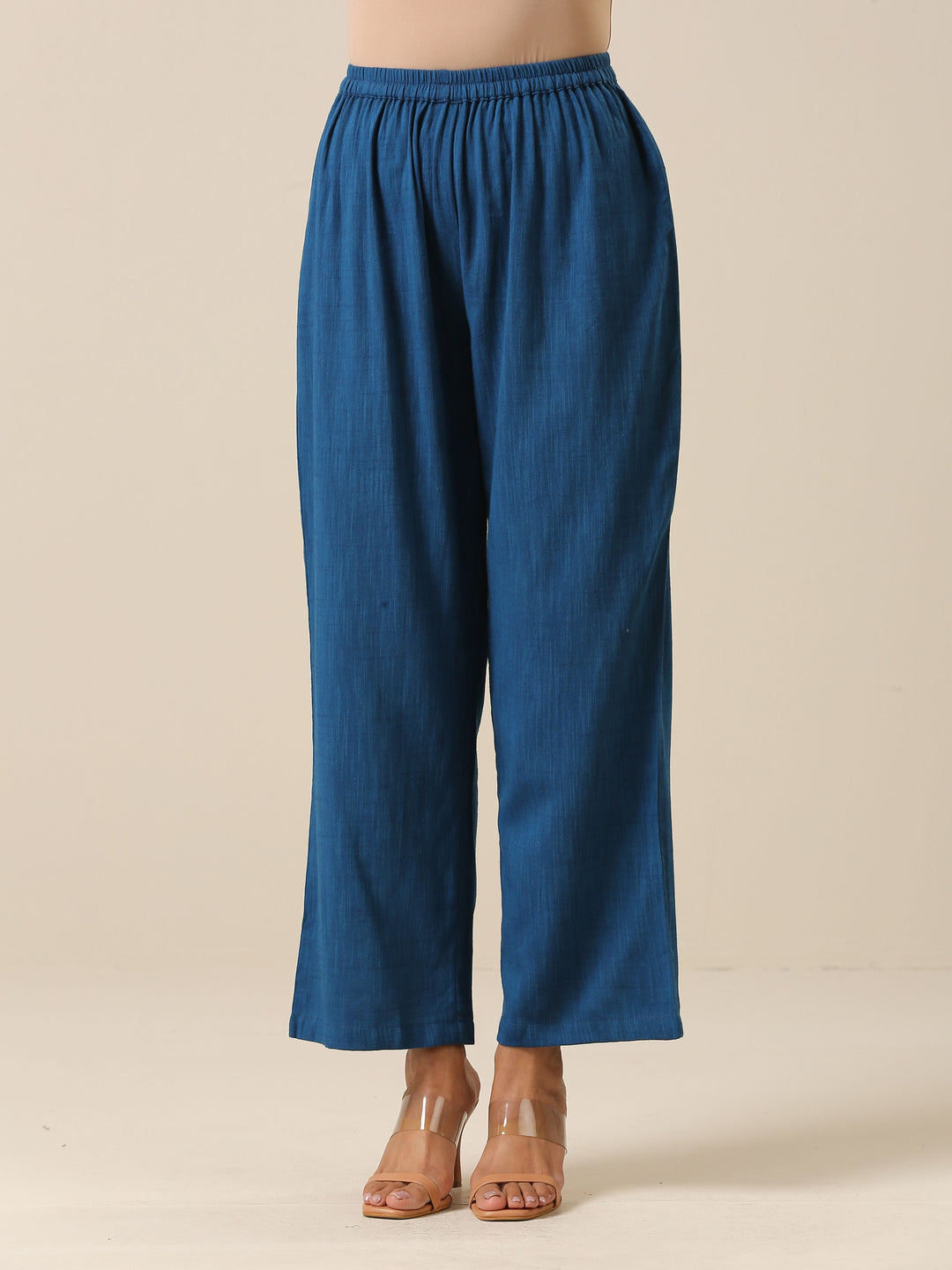 Classic Blue Slub Texture Overlap Pleat Kurta Pant Set  | SHOBITAM