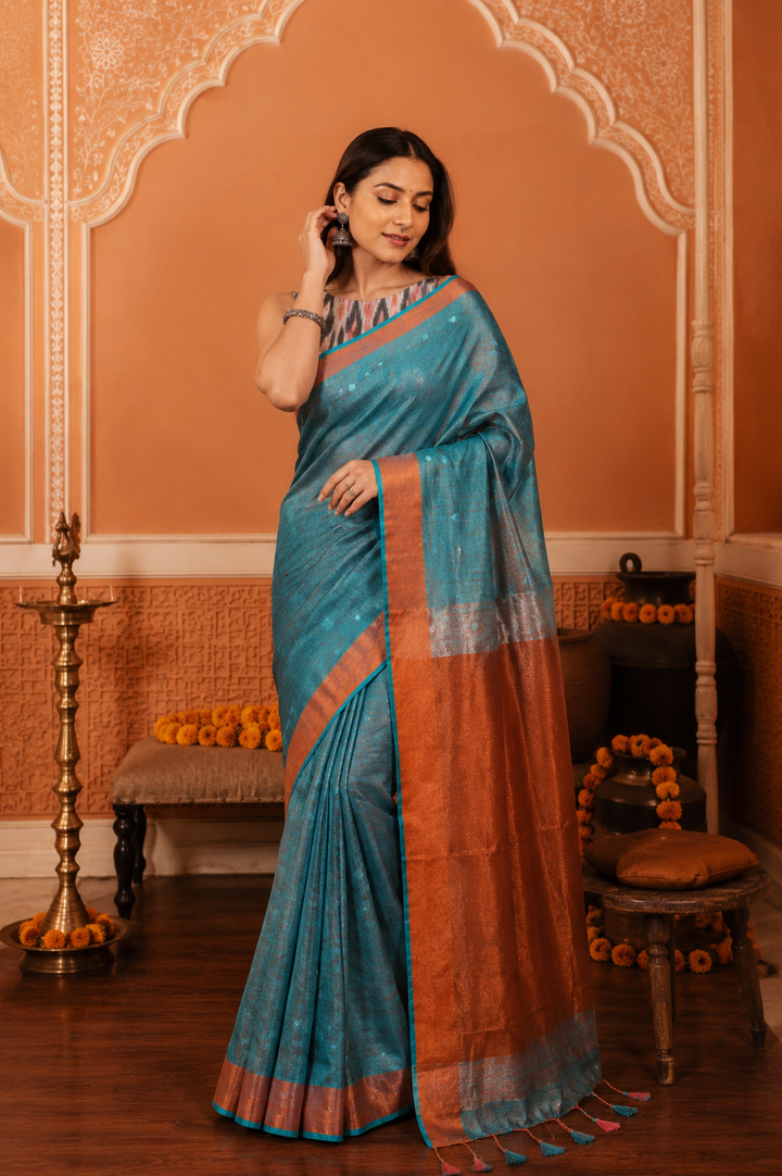 Teal Copper Tissue Stunning Tissue Linen Saree with Chunri Butis and Full Tissue Pallu! | SHOBITAM