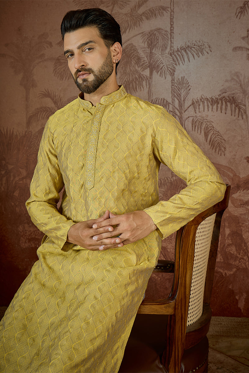 Mens Yellow Jacquard Solid Embroidered Kurta | SHOBITAM