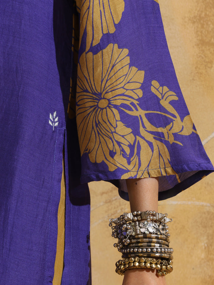 Purple Mustard Floral Print Muslin Silk High-Slit Kurta Set  | SHOBITAM