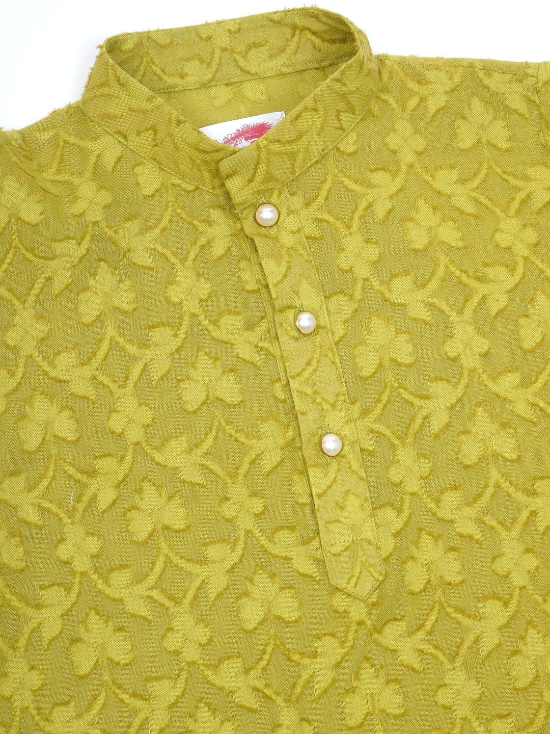 Boys Cotton Full Sleeves Self Weaving Kurta with Dhoti and Pearl Buttons - Green | SHOBITAM