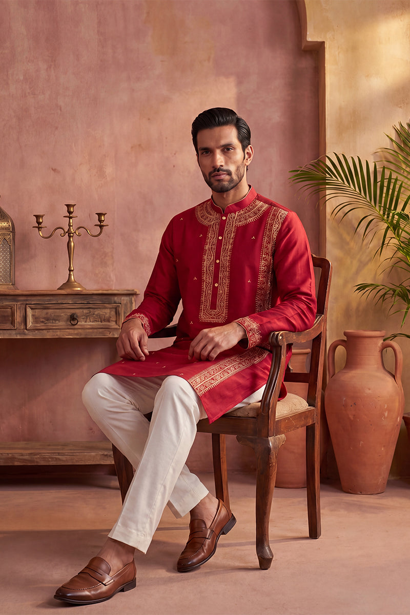 Mens Red Silk Blend Solid Emboidered Straight Kurta With Trouser | SHOBITAM