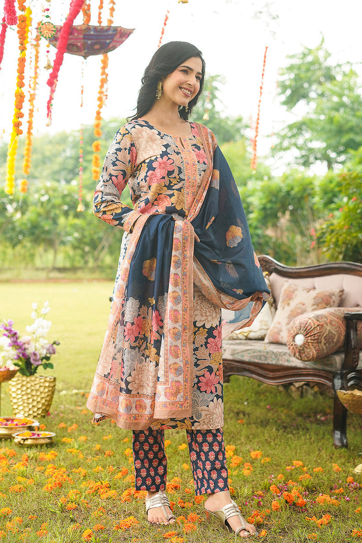 Blue Cotton Blend Floral Printed Straight Kurta Trousers With Dupatta | SHOBITAM