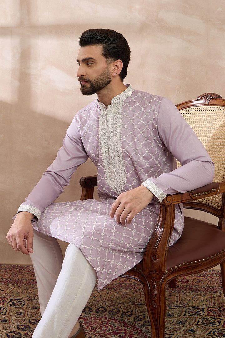 Lavender Silk Blend Embroidered Mandarin Collar Straight Kurta With Trouser | SHOBITAM
