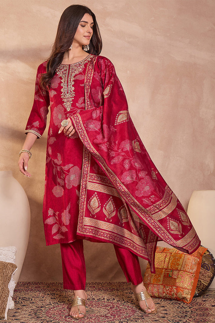 Pink Silk Blend Floral Printed Straight Kurta Trouser With Dupatta | SHOBITAM