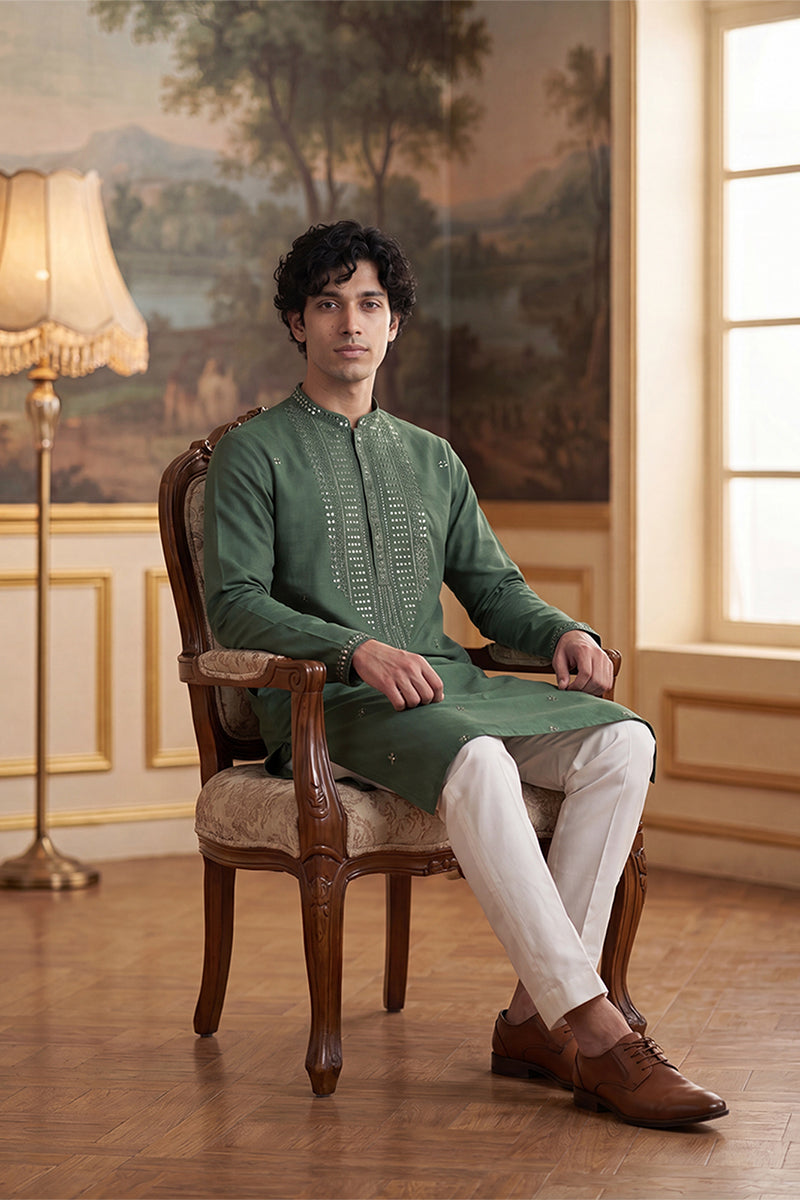 Mens Green Silk Blend Solid Emboidered Sequins Kurta With Trouser | SHOBITAM