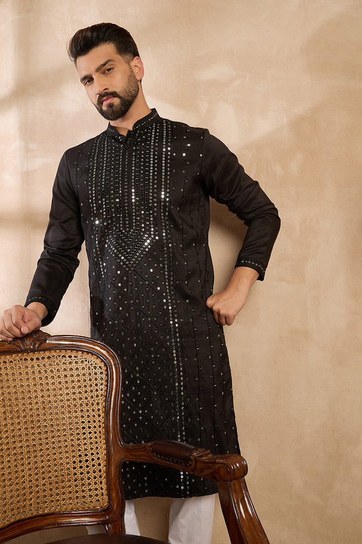 Black Silk Blend Geometric Embroidered Straight Kurta | SHOBITAM