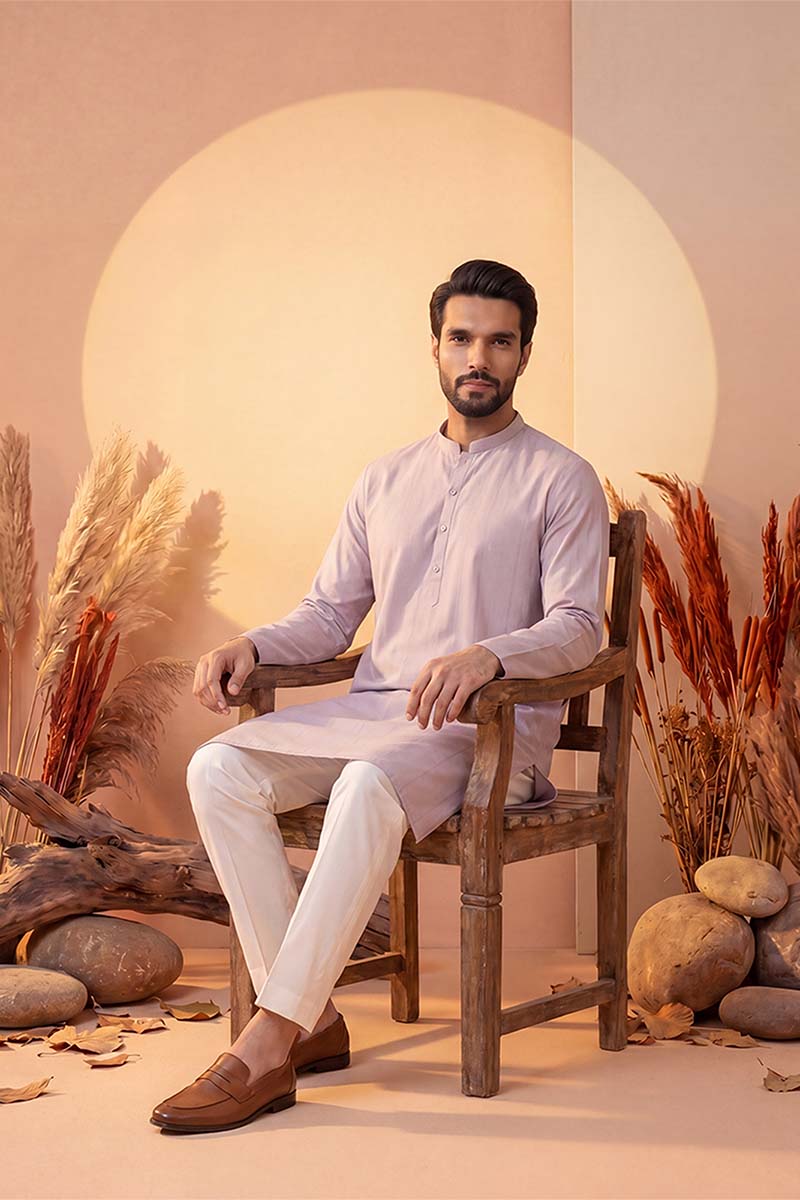 Mens Lavender Silk Blend Solid Kurta With Trousers | SHOBITAM