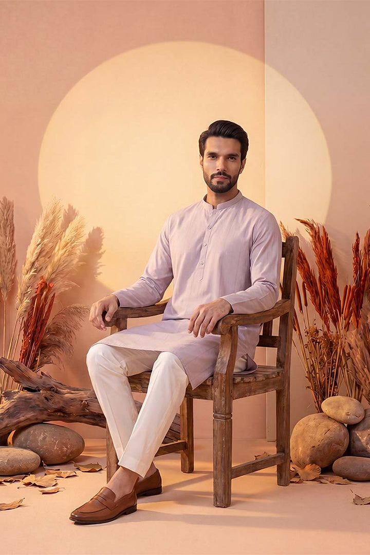 Mens Lavender Silk Blend Solid Kurta With Trousers | SHOBITAM