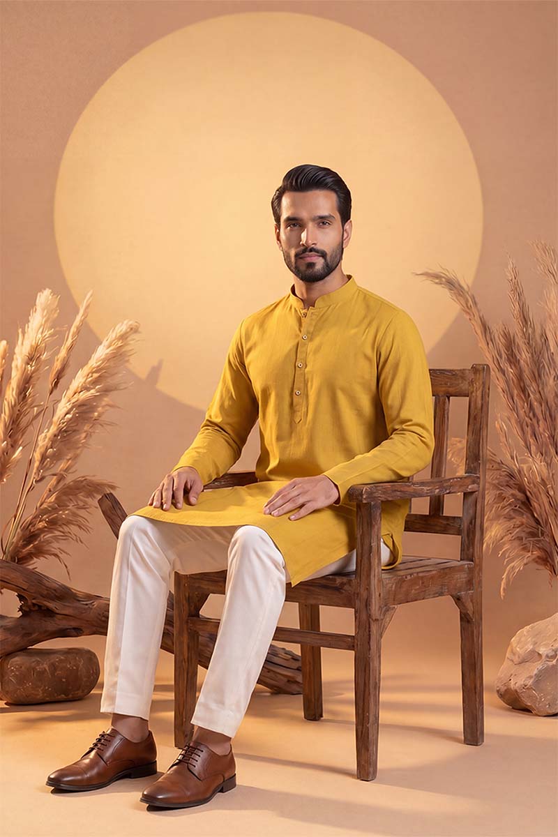 Mens Yellow Silk Blend Solid Solid Kurta With Trousers | SHOBITAM