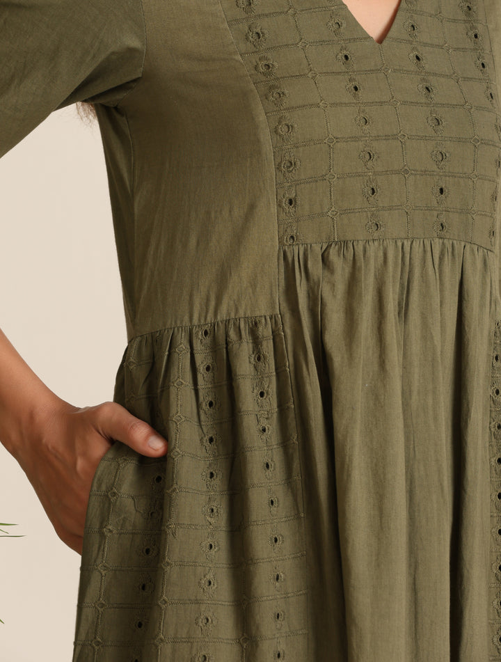 Olive Cotton Cutwork Embroidered Kurta Set  | SHOBITAM