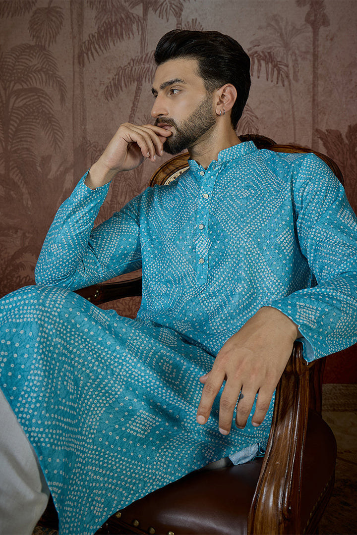 Mens Blue Linen Bandhani Print Regular Kurta With Trouser | SHOBITAM