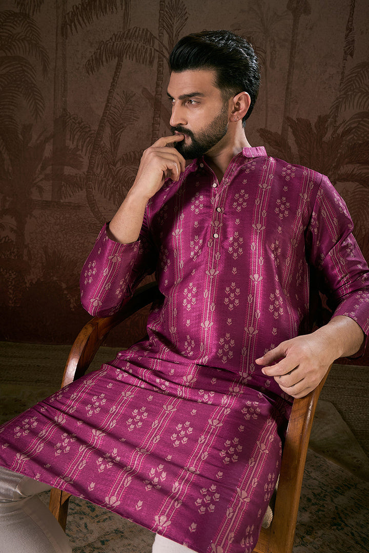 Purple Silk Blend Floral Printed Straight Kurta For Men | SHOBITAM