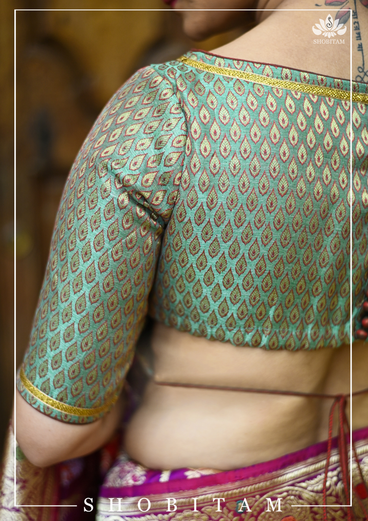 Teal Banarasi Meenakari Buti Brocade Blouse with tie back base