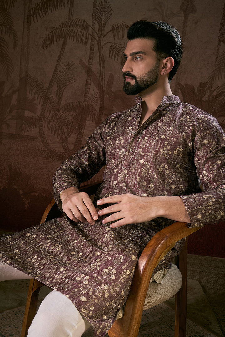 Mauve Silk Blend Floral Printed Straight Kurta For Men | SHOBITAM