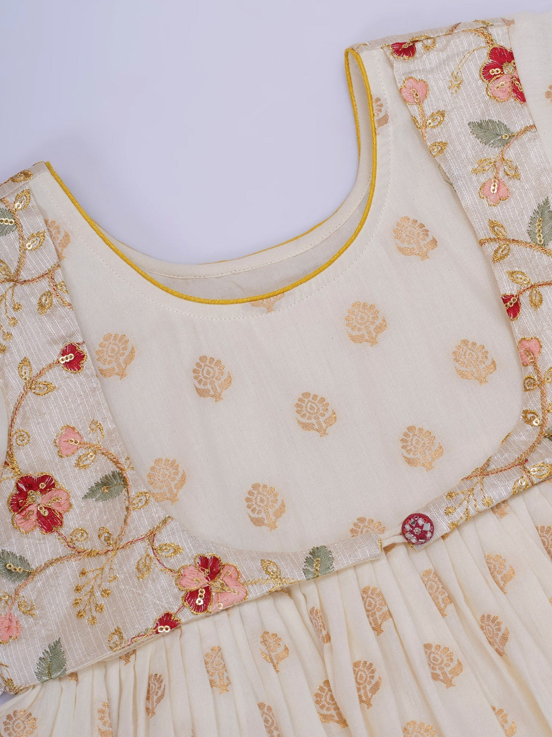 Girls Cotton Three Fourth Sleeves Frock Kurta with Sharara and Dupatta with Floral Embroidery & Zari Work - Cream | SHOBITAM